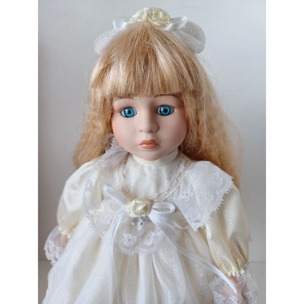 Vintage Porcelain Doll In White Dress 12